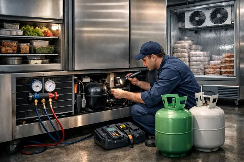 Servicetechniker wartet eine gewerbliche Kühlanlage in einer Großküche und prüft Kompressor, Manometer und Kältemittelbehälter.