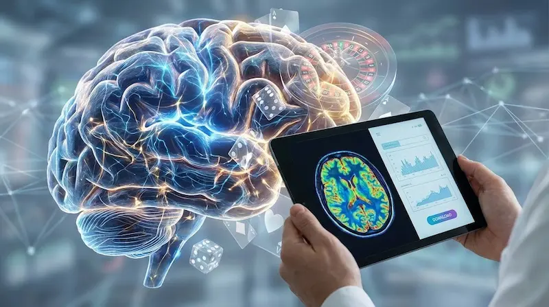 Ilustración de un cerebro con conexiones neuronales y una tablet con escaneo cerebral y gráficos