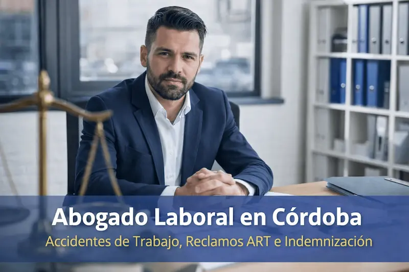 Abogado en oficina con texto “Abogado Laboral en Córdoba” y referencia a accidentes de trabajo, reclamos ART e indemnización.
