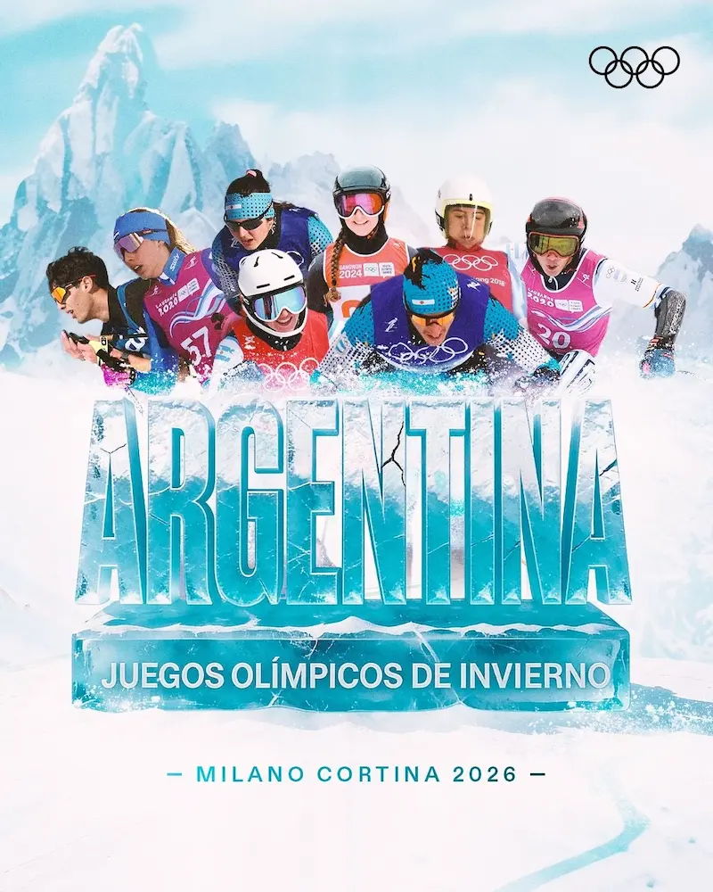 Afiche de Argentina para los Juegos Olímpicos de Invierno Milano Cortina 2026 con atletas en deportes de nieve