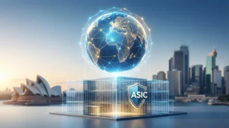 Edificio con el logo de ASIC y un globo digital conectado sobre un puerto con skyline urbano.