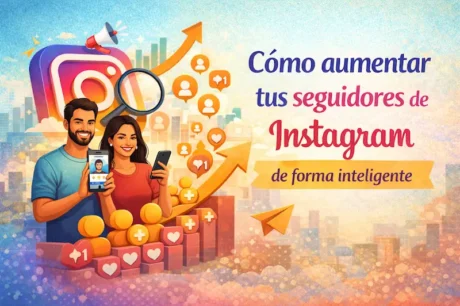Ilustración de una pareja con teléfonos junto al logo de Instagram, flechas de crecimiento e iconos de likes y seguidores, con el texto “Cómo aumentar tus seguidores de Instagram de forma inteligente”.