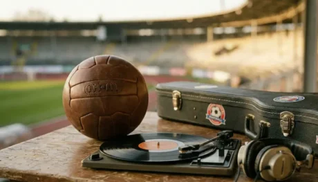 Balón de fútbol de cuero junto a un tocadiscos con vinilo y auriculares en un estadio.