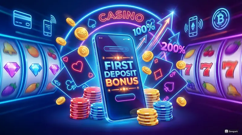Ilustración de casino online con un celular que muestra “First Deposit Bonus”, fichas y monedas, y tragamonedas con gráficos neón.