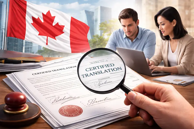 Magnifying glass over certified translation documents on a desk, with two people reviewing files on a laptop and a Canadian flag in the background.