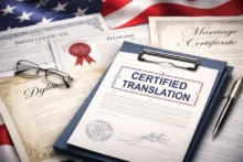 Stack of documents on a desk with a page labeled "CERTIFIED TRANSLATION" and a U.S. flag in the background.