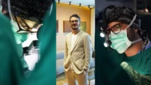 Collage de un médico con escenas de quirófano y retrato profesional en interior