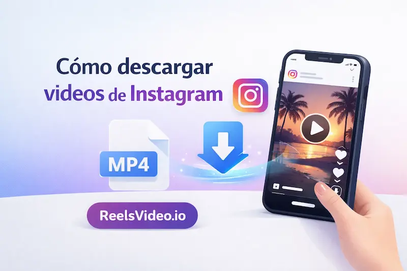 Ilustración con el texto “Cómo descargar videos de Instagram”, icono MP4, flecha de descarga y un teléfono mostrando un Reel.