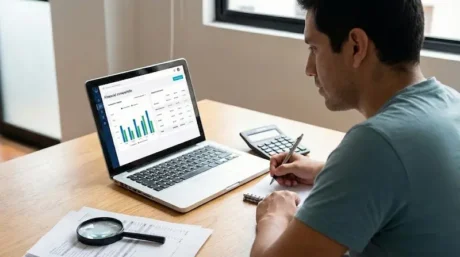 Persona revisando un gráfico financiero en una laptop mientras toma notas y usa una calculadora, en contexto de comparación de préstamos.