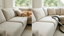 Split photo of a beige sectional sofa before and after professional cleaning, with a dog on the couch and a vacuum hose on the cleaned side.