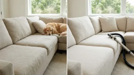 Split photo of a beige sectional sofa before and after professional cleaning, with a dog on the couch and a vacuum hose on the cleaned side.