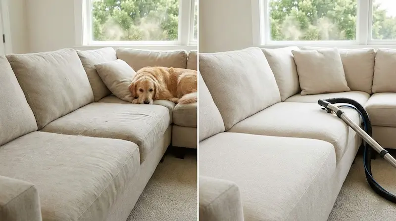 Split photo of a beige sectional sofa before and after professional cleaning, with a dog on the couch and a vacuum hose on the cleaned side.