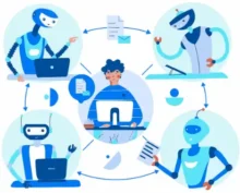 Ilustración de robots y un usuario conectados por flechas, representando la integración de CRM y salesbot en el proceso de ventas.