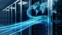 Server racks in a data center with a digital world map and flowing network lines.