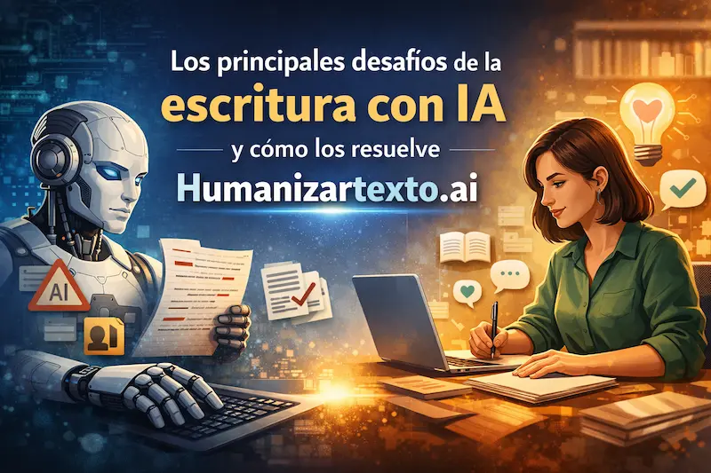 Ilustración de un robot y una mujer escribiendo en una laptop, con el texto “Los principales desafíos de la escritura con IA” y Humanizartexto.ai.
