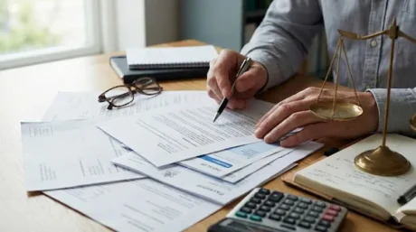 Manos firmando documentación de un reclamo laboral con papeles, balanza de justicia y calculadora sobre el escritorio.