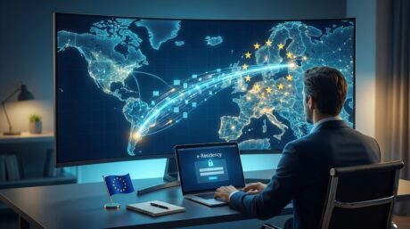 Emprendedor frente a un mapa digital con la Unión Europea destacada mientras gestiona e-Residency desde una notebook.