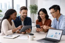 Equipo de profesionales en una reunión de trabajo revisando datos en una tableta y un portátil
