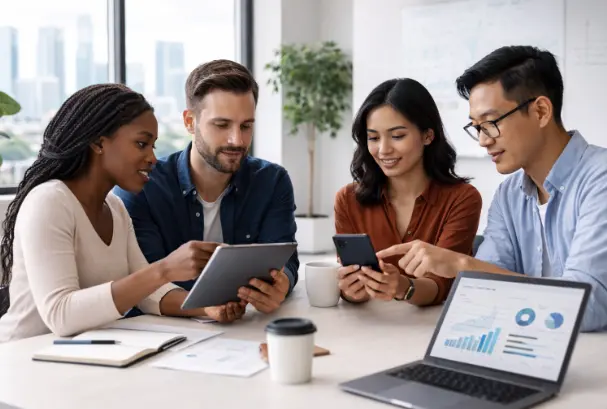 Equipo de profesionales en una reunión de trabajo revisando datos en una tableta y un portátil