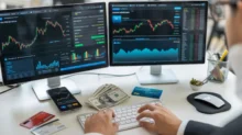 Dos monitores con gráficos de trading, celular con app financiera, billetes de dólar y tarjetas sobre un escritorio.