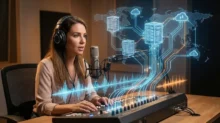 Locutora con auriculares frente a micrófono y consola, con gráfico de servidores y onda de audio superpuesto.