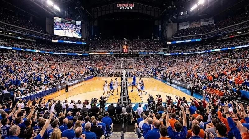 Panorámica del Lucas Oil Stadium durante un partido de básquet universitario, con la cancha al centro y tribunas repletas de público.