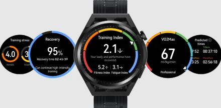 Infografía con métricas del HUAWEI Watch GT Runner 2: estrés, recuperación, índice de entrenamiento, VO2Max y tiempos previstos.