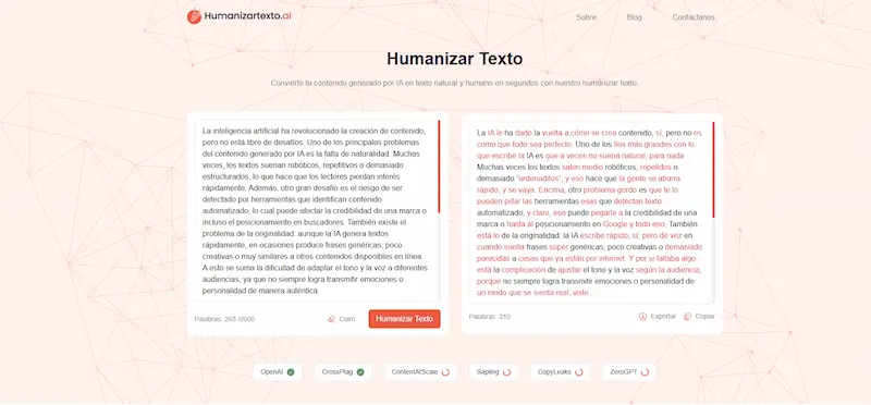 Captura de pantalla de Humanizartexto.ai con dos paneles de texto y el botón “Humanizar Texto”.