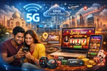 Illustration of India’s 5G and edge computing with a couple using a smartphone and Lucky Star casino shown on laptop and phone with UPI payments.