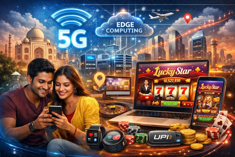 Illustration of India’s 5G and edge computing with a couple using a smartphone and Lucky Star casino shown on laptop and phone with UPI payments.