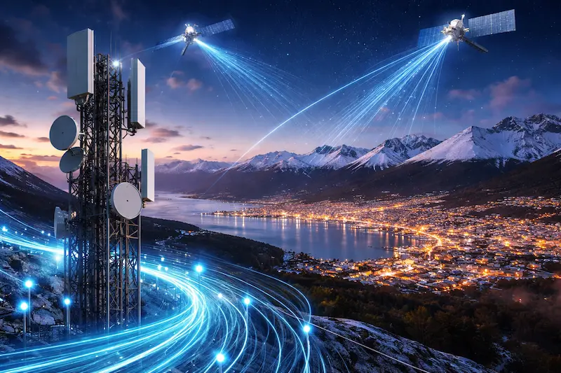 Antena de telecomunicaciones con trazos de fibra óptica y satélites sobre Ushuaia al atardecer