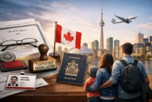 Composite image of a Canadian passport, certified translation stamp and paperwork, with a family looking at the Toronto skyline and an airplane overhead.