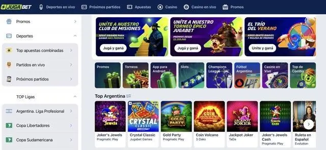 Captura del sitio Jugabet con banners de promociones y listado de tragamonedas en la sección principal