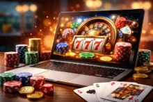 Laptop con interfaz de casino en línea, fichas de póker, monedas y cartas sobre una mesa