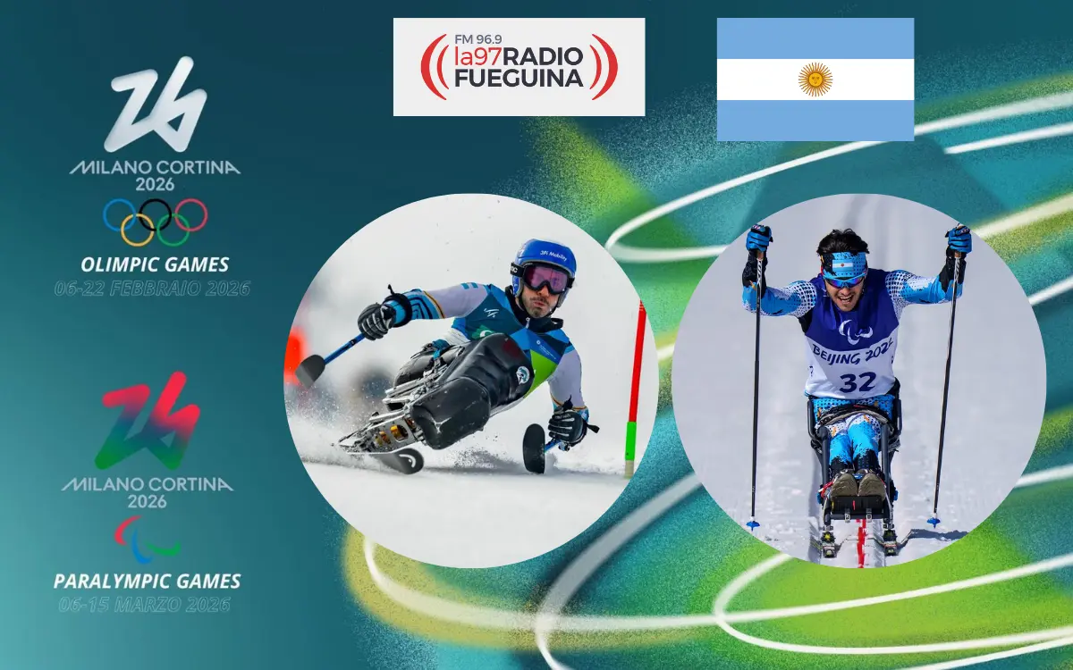 Banner con logos de Milano Cortina 2026 y Radio Fueguina, bandera argentina y dos atletas paralímpicos sobre nieve.