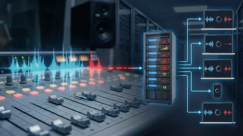 Consola de audio con visualización de ondas y un servidor que envía la señal a múltiples reproductores.