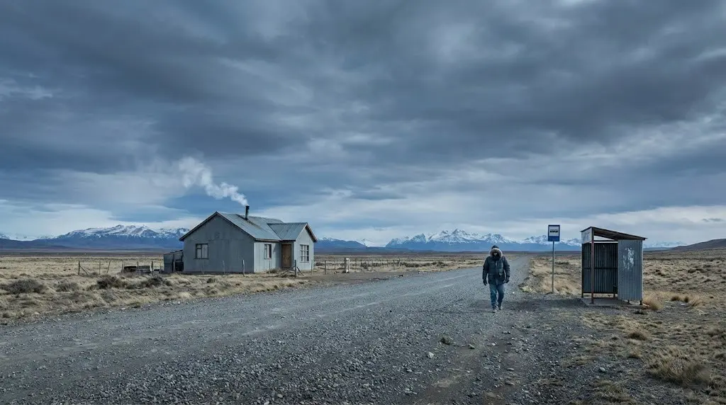 Persona caminando por una ruta de ripio en un paisaje patagónico con montañas al fondo y cielo nublado.