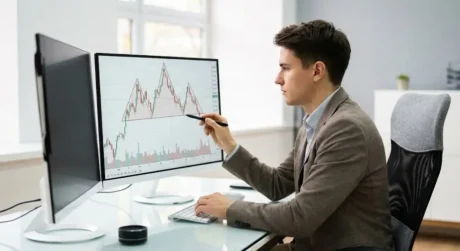 Analista señala en un monitor un gráfico con el patrón cabeza y hombros y la línea de cuello trazada.
