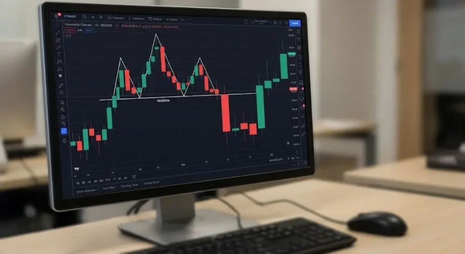 Monitor con gráfico de velas y patrón cabeza y hombros marcado, con la línea de cuello indicada.