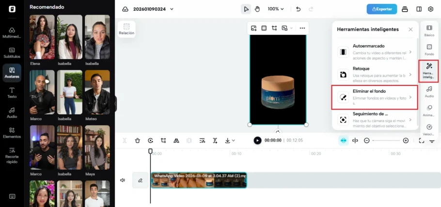Editor de Pippit con Herramientas inteligentes y la opción Eliminar el fondo seleccionada