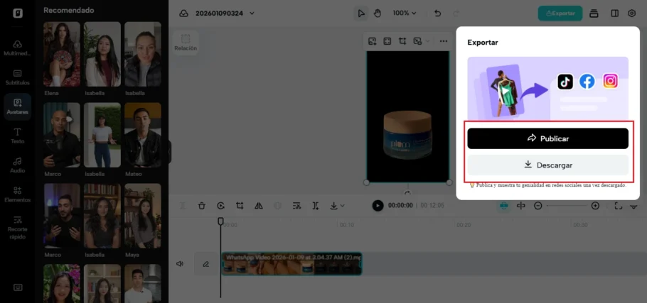 Ventana de exportación en Pippit con las opciones Publicar y Descargar