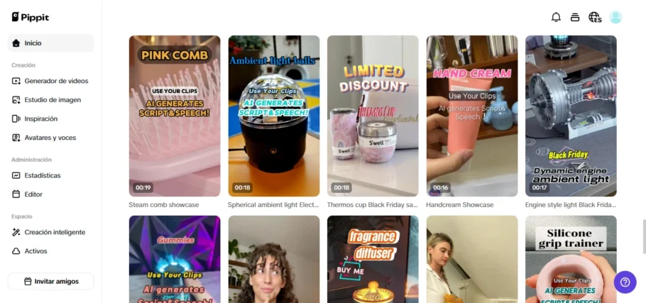 Panel de inicio de Pippit con plantillas de videos cortos y opciones de creación