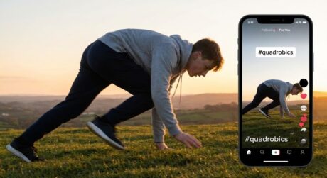 Persona avanzando en cuatro apoyos en un campo al atardecer junto a un celular con el hashtag #quadrobics en TikTok