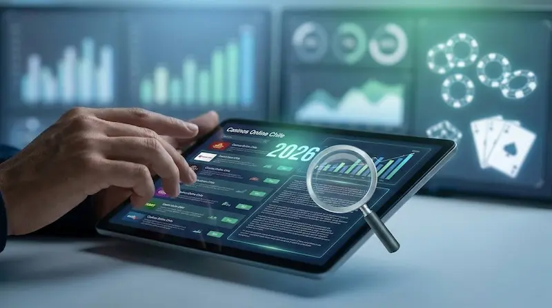 Mano señalando una tablet con un ranking de casinos online y gráficos, con una lupa en primer plano