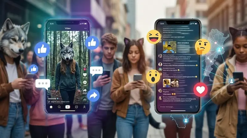 Personas usando el celular en la calle con dos pantallas de redes sociales; una muestra un personaje con máscara de lobo y reacciones de “me gusta”.