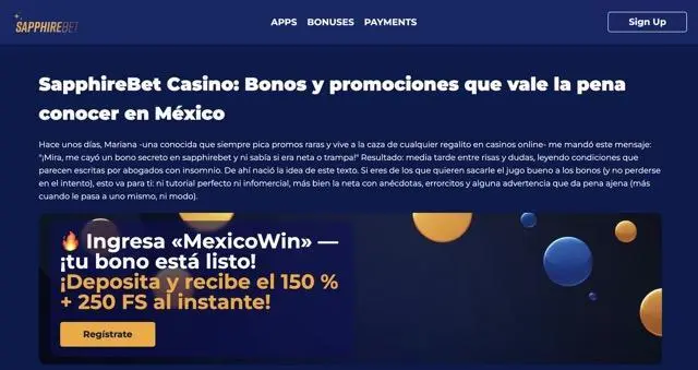 Pantalla de SapphireBet con nota sobre bonos y un banner de promoción con 150% y giros gratis, con botón de registro