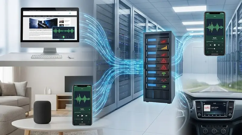 Servidor en un data center enviando audio a PC, celulares, parlante inteligente y sistema de audio del auto.