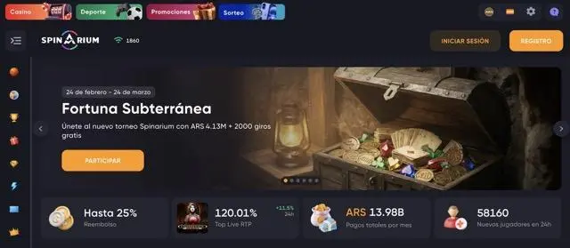 Captura de Spinarium con banner del torneo de slots “Fortuna Subterránea” y panel con estadísticas de la cuenta