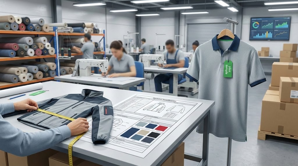 Taller de confección con operarios y máquinas de coser; en primer plano se mide una prenda muestra junto a una ficha técnica y un polo colgado con etiqueta.