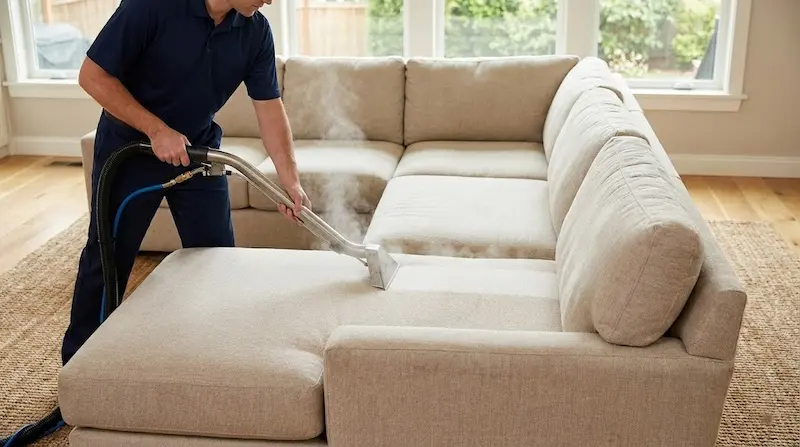 Technician using an extraction wand to clean a beige sectional sofa in a living room
